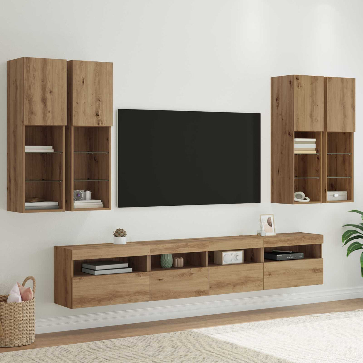 TV Væghængt Skabssæt med LED-lys 7 stk. artisan eg