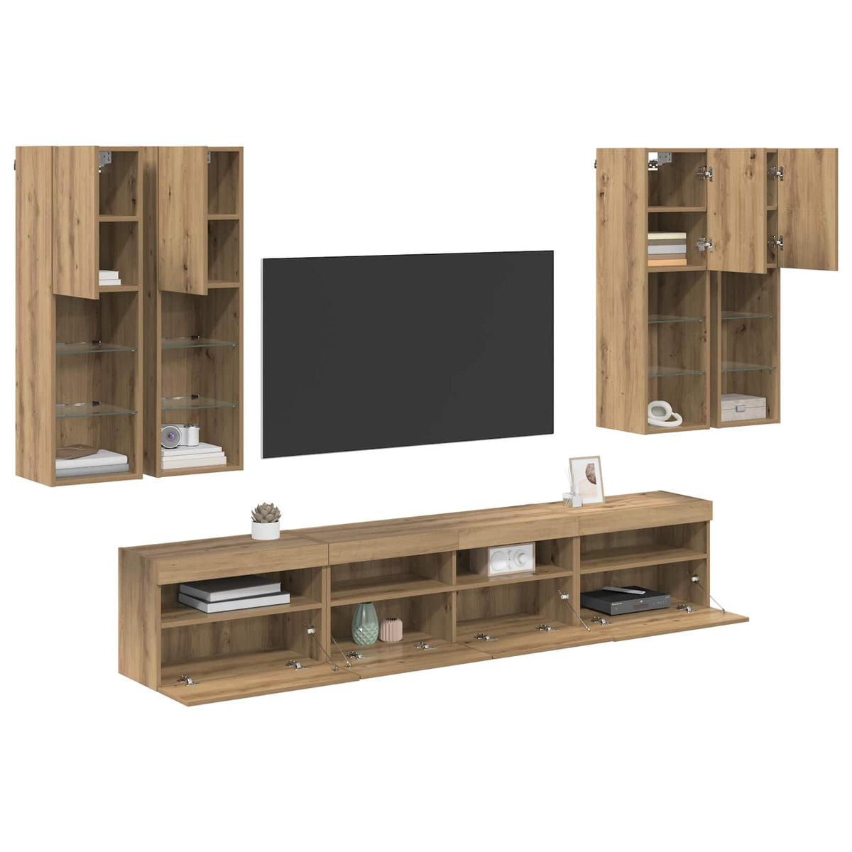 TV Væghængt Skabssæt med LED-lys 7 stk. artisan eg