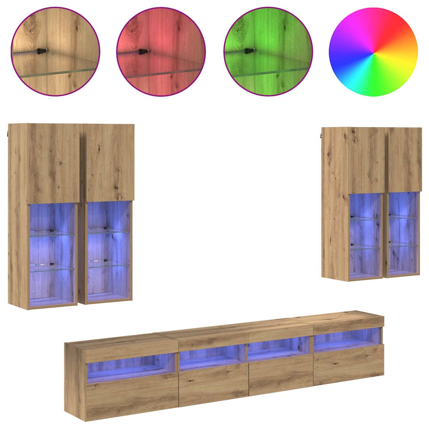 TV Væghængt Skabssæt med LED-lys 7 stk. artisan eg
