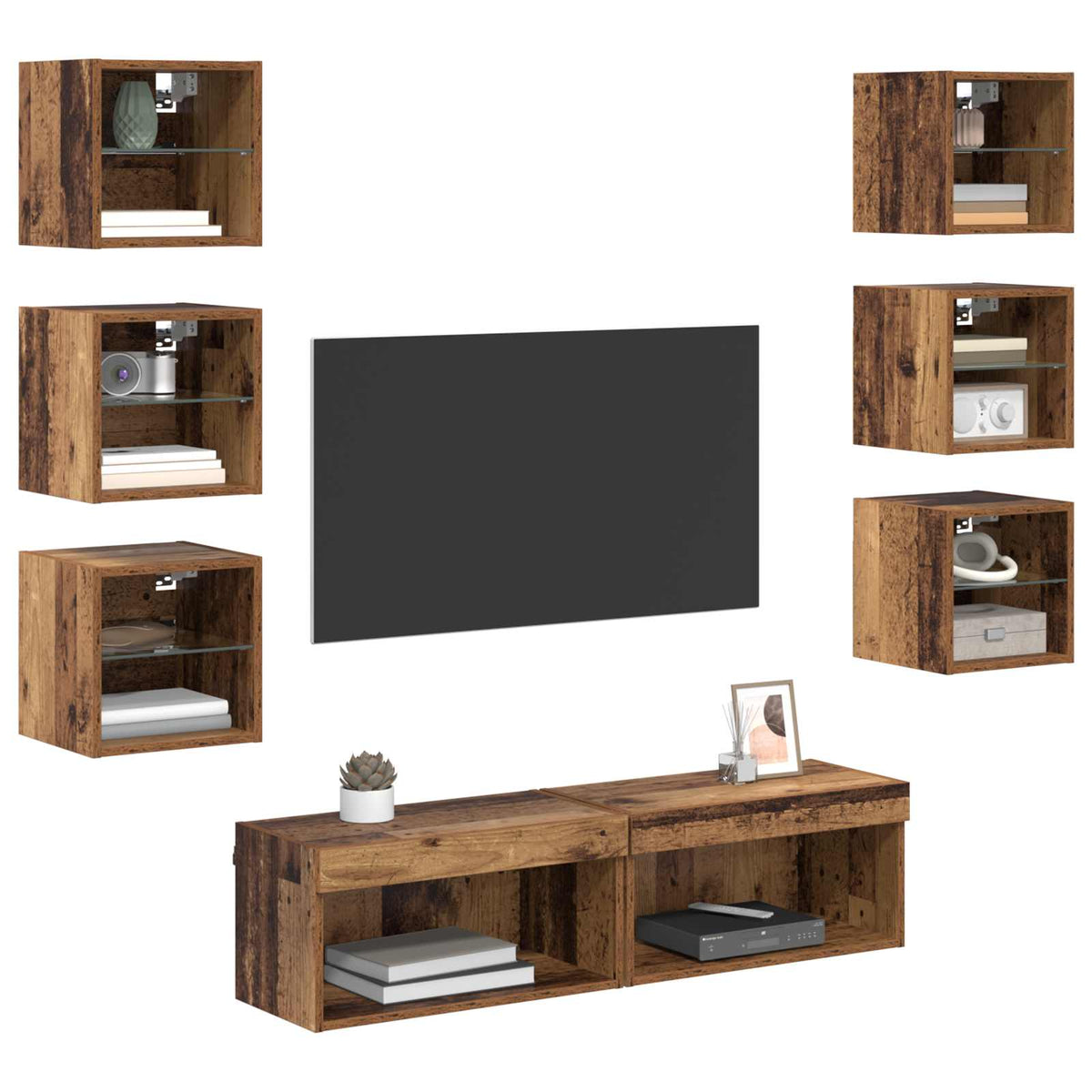 TV-skab 8 stk. Gammelt træ Glas