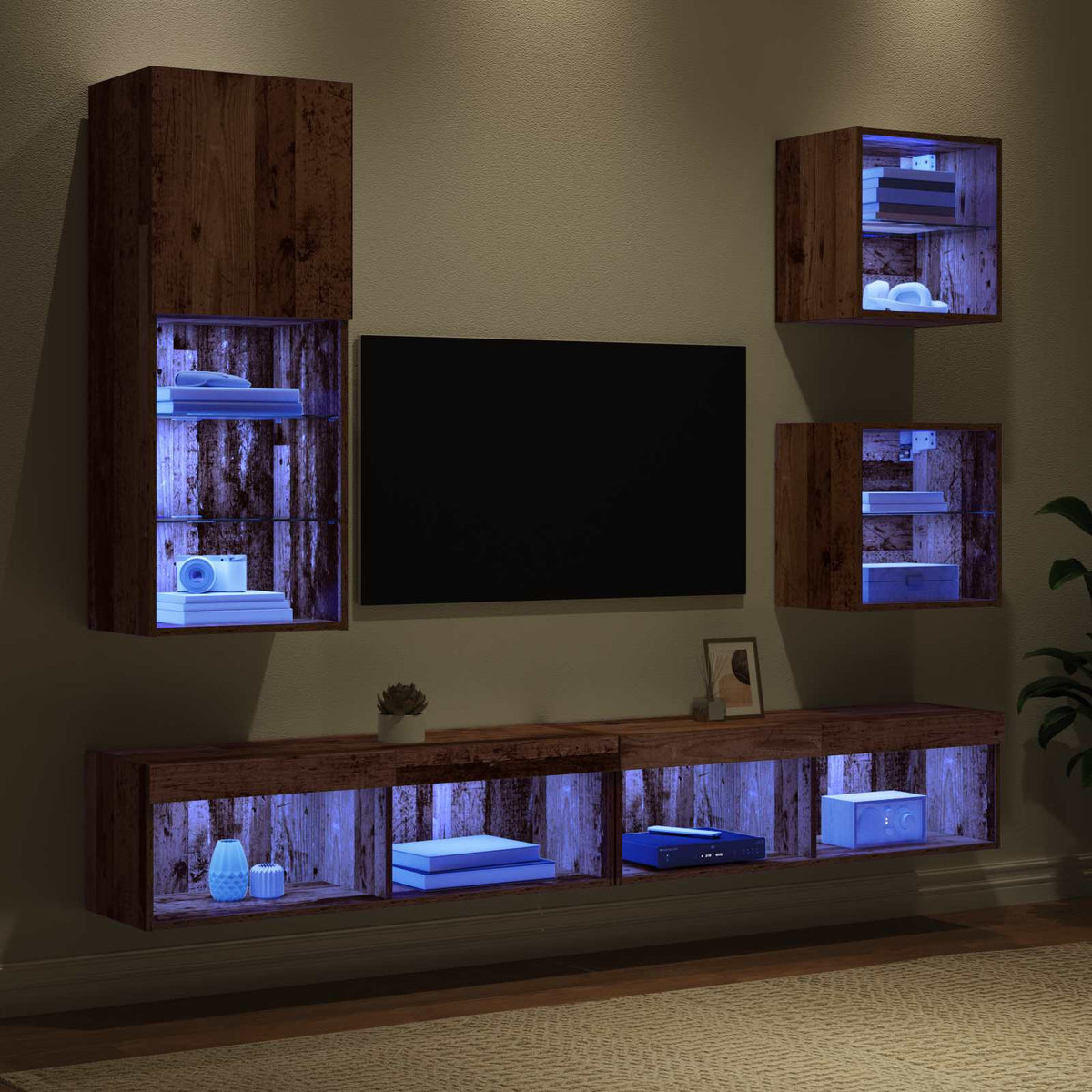 TV vægenheder med LED 5 stk. Gammelt træ 100 x 30 x 30 cm