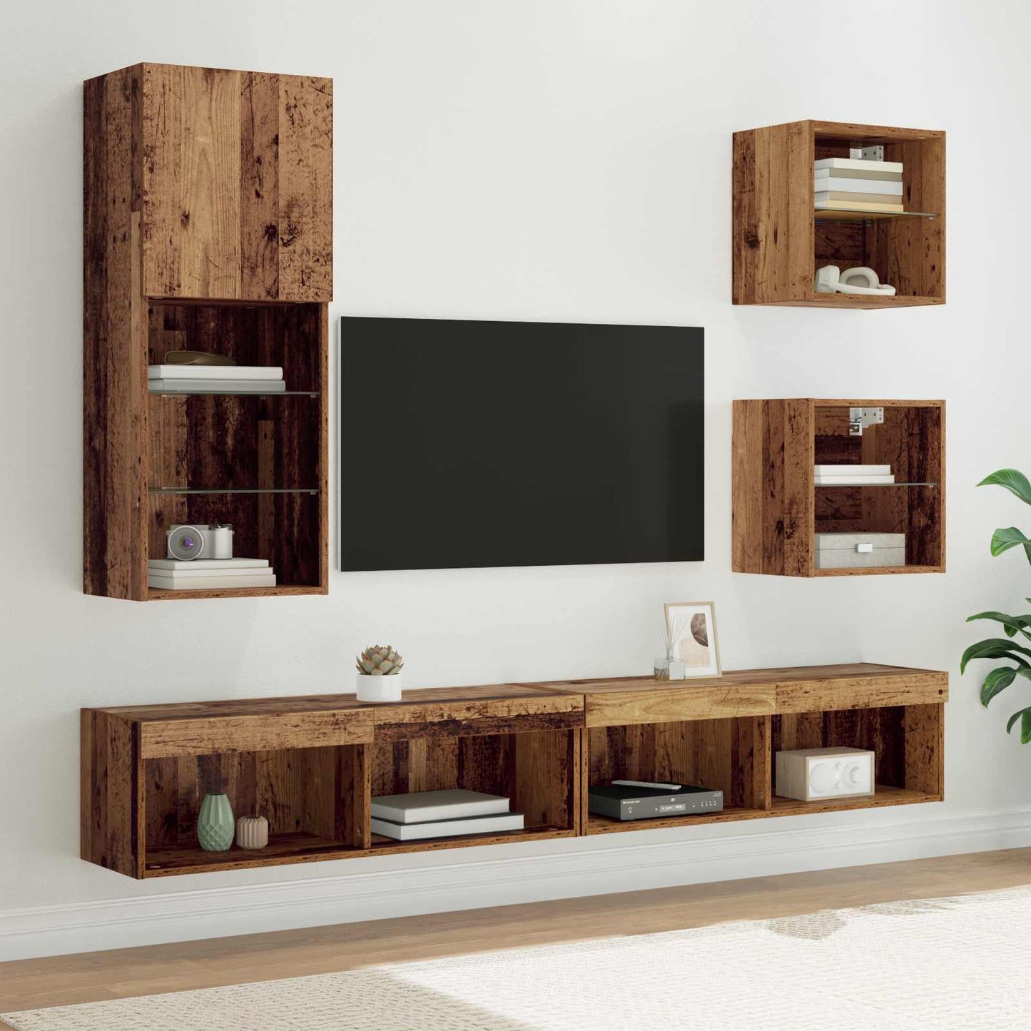 TV vægenheder med LED 5 stk. Gammelt træ 100 x 30 x 30 cm