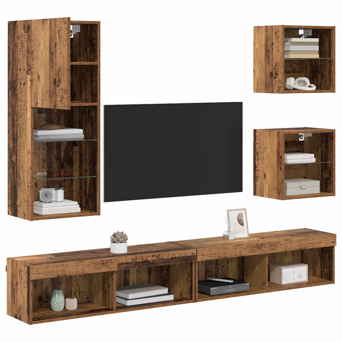 TV vægenheder med LED 5 stk. Gammelt træ 100 x 30 x 30 cm