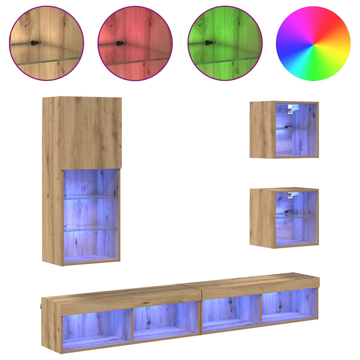 TV vægenheder med LED 5 stk. Artisan Egetræ 100 x 30 x 30 cm