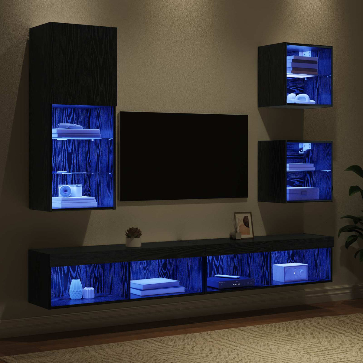 TV vægenheder med LED 5 stk. Sort eg 100 x 30 x 30 cm