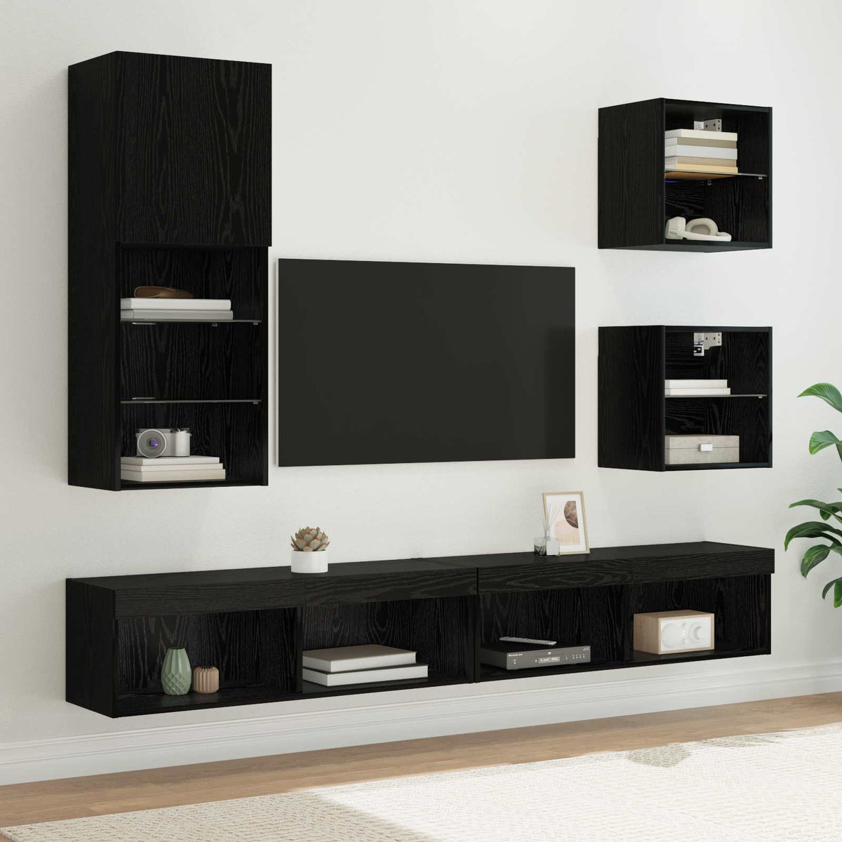 TV vægenheder med LED 5 stk. Sort eg 100 x 30 x 30 cm