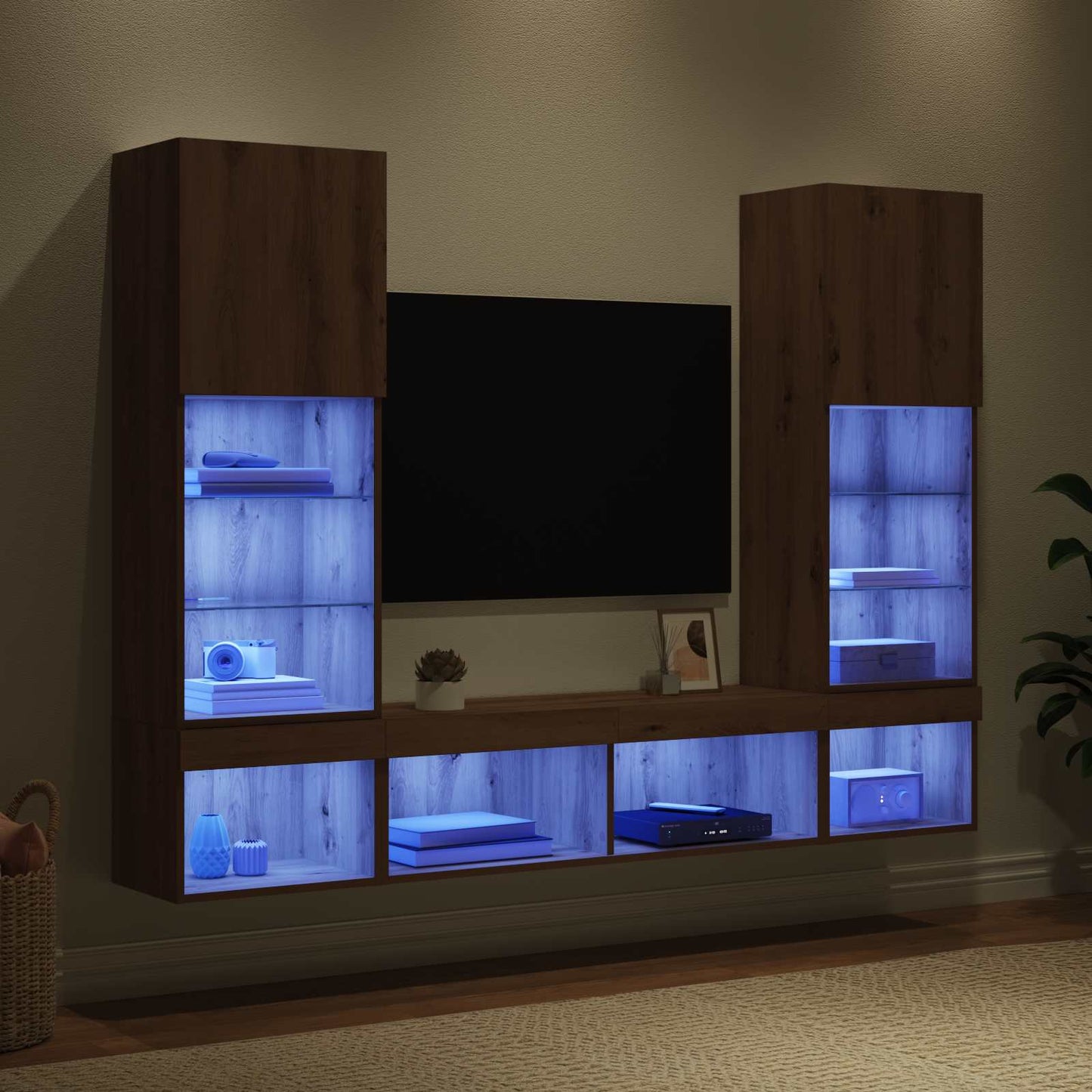 TV vægenheder med LED 5 stk. Artisan Egetræ Konstrueret træ