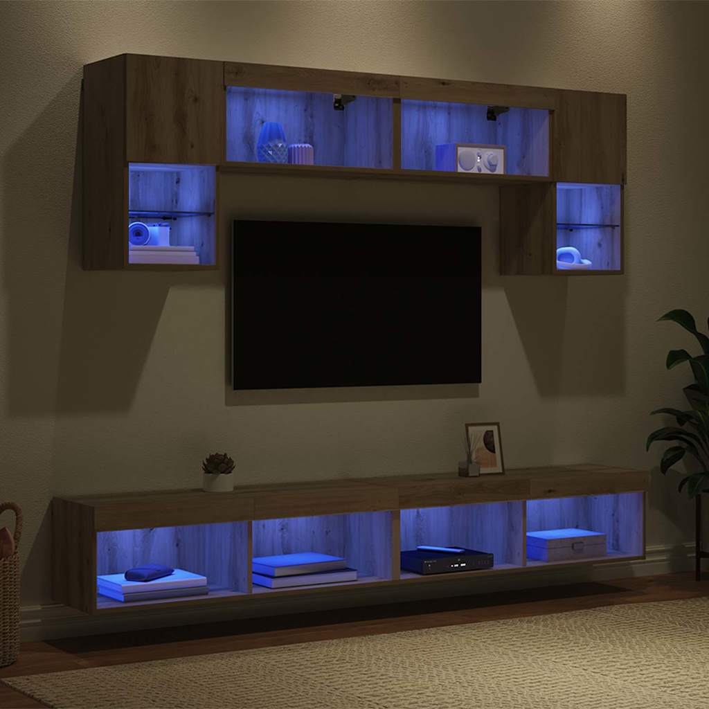 TV vægenheder med LED 6 stk. Artisan Egetræ Konstrueret træ