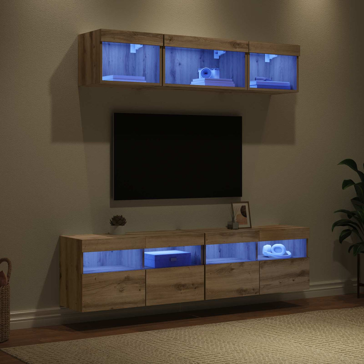 TV vægenheder med LED 5 stk. Artisan Egetræ Konstrueret træ