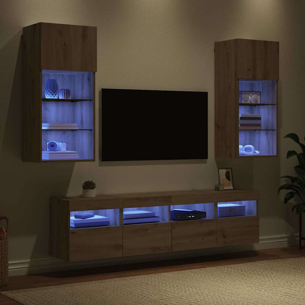 TV vægenheder med LED 5 stk. Artisan Egetræ Konstrueret træ