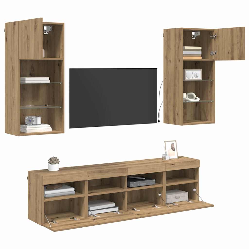 TV vægenheder med LED 5 stk. Artisan Egetræ Konstrueret træ