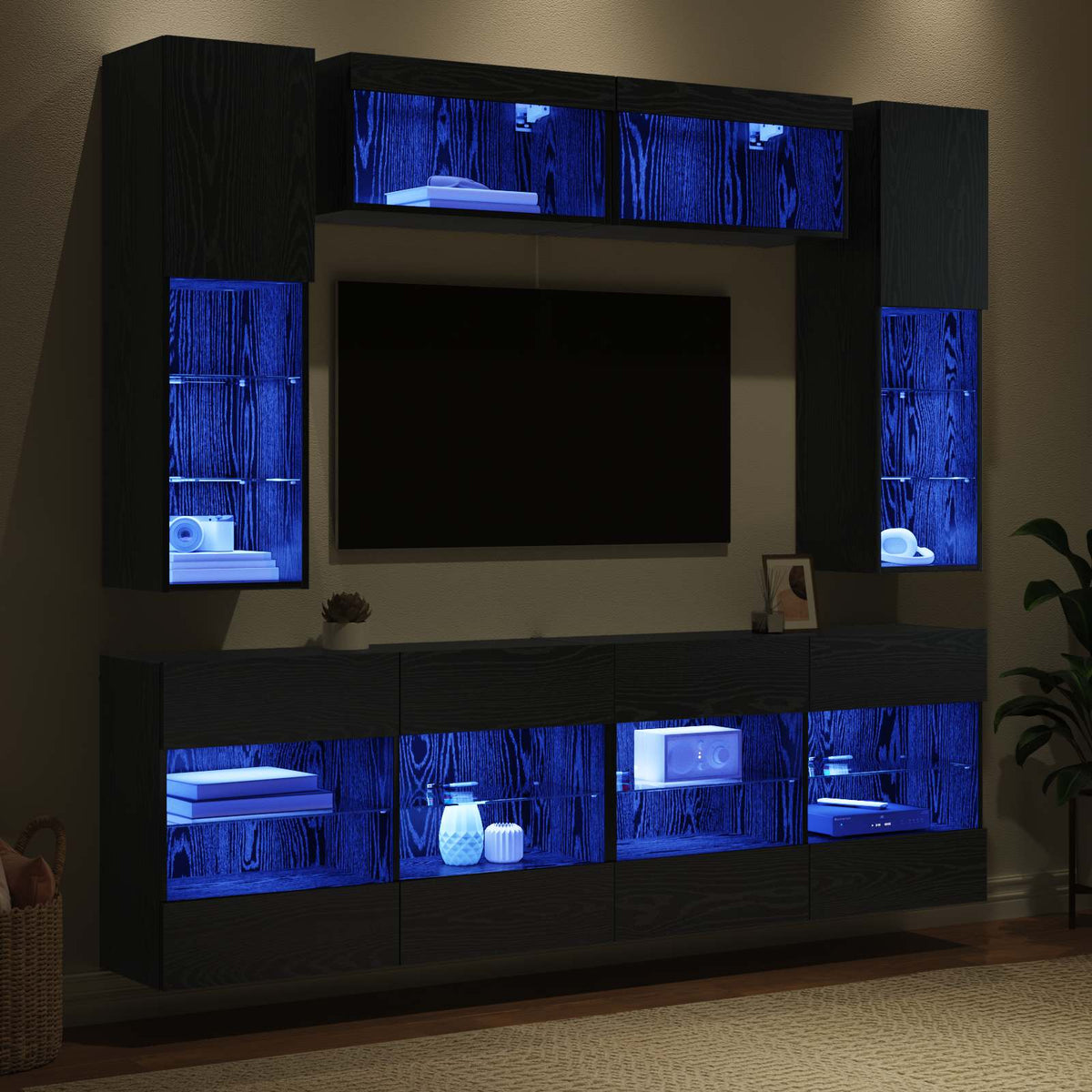 Tv vægskab sæt med LED 6 pcs Sort Eg Konstrueret træ