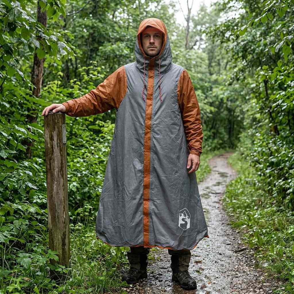 2-i-1 regnponcho med hætte - grå/orange, kan bruges som læ - 262 × 126 × 130 cm