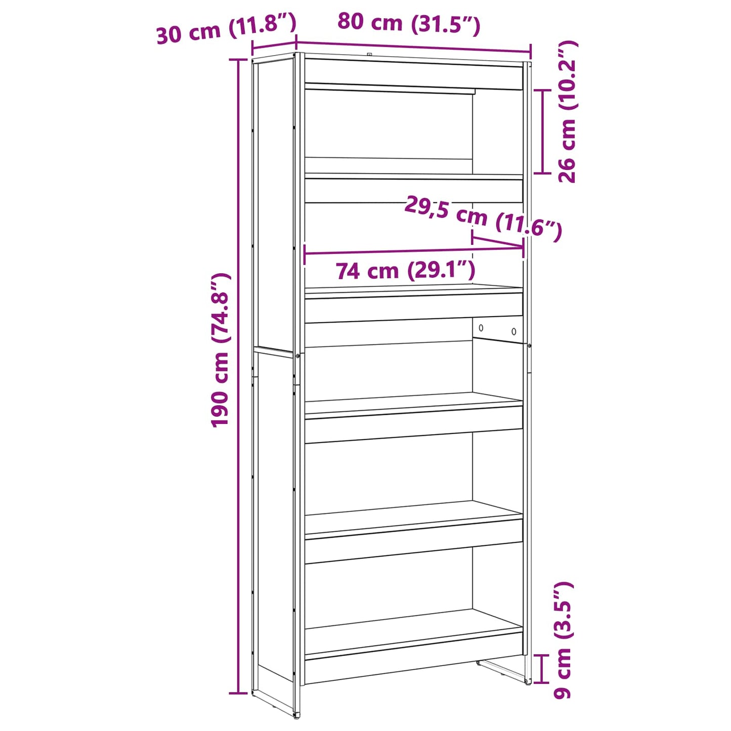 Bogskab 80 x 30 x 189,5 cm Konstrueret træ Røget Eg