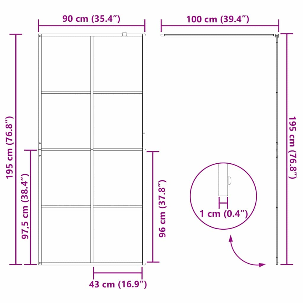 Walk-in brusevæg Sort 90 x 195 cm hærdet glas