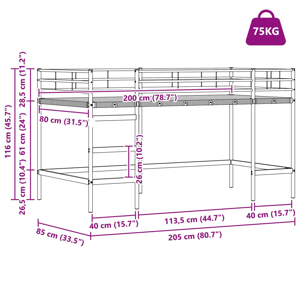 Børns Loft Seng Ramme Ensfarvet Hvid 80 x 200 cm Stål