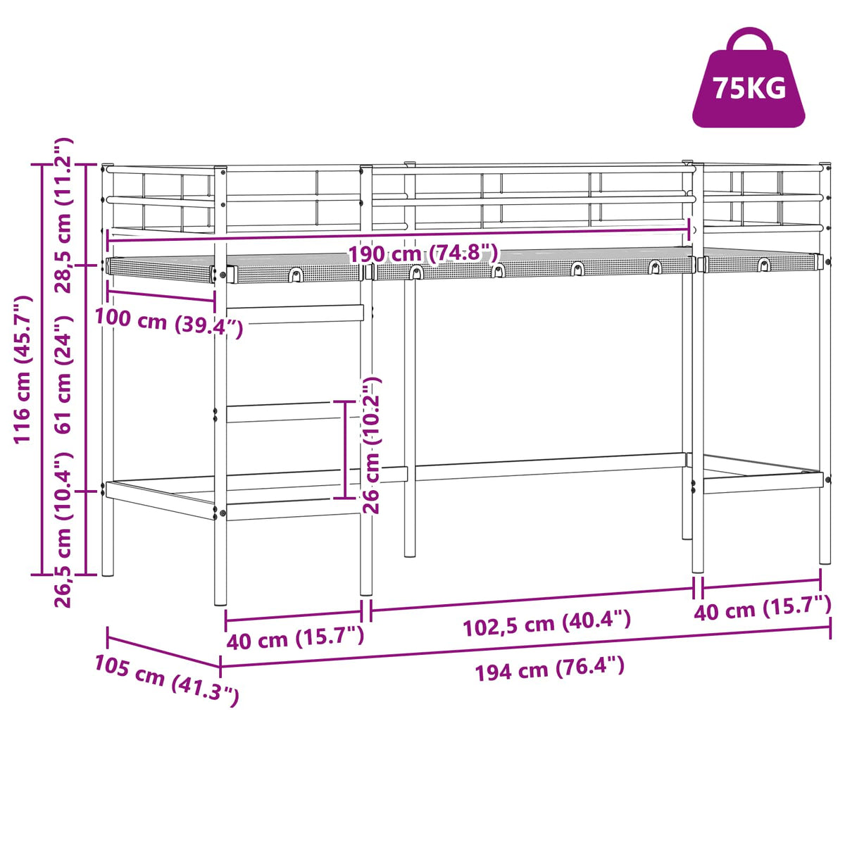 Børns Loft Seng Ramme Ensfarvet Hvid 100 x 190 cm Stål