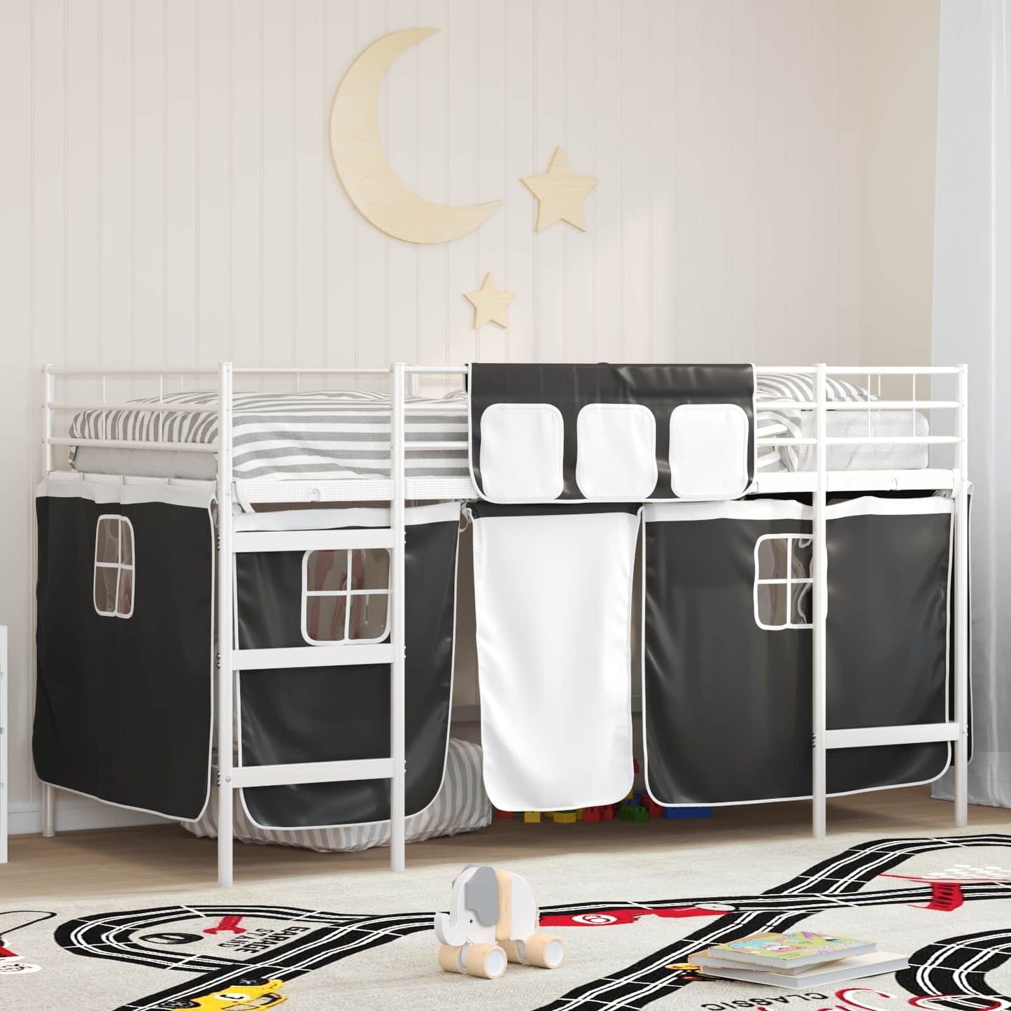 Børneseng med gardiner Ensfarvet Hvid og sort 100 x 200 cm