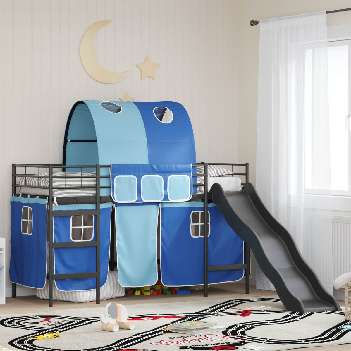 Børneseng med gardiner Ensfarvet Sort og Blå 75 x 190 cm Metal
