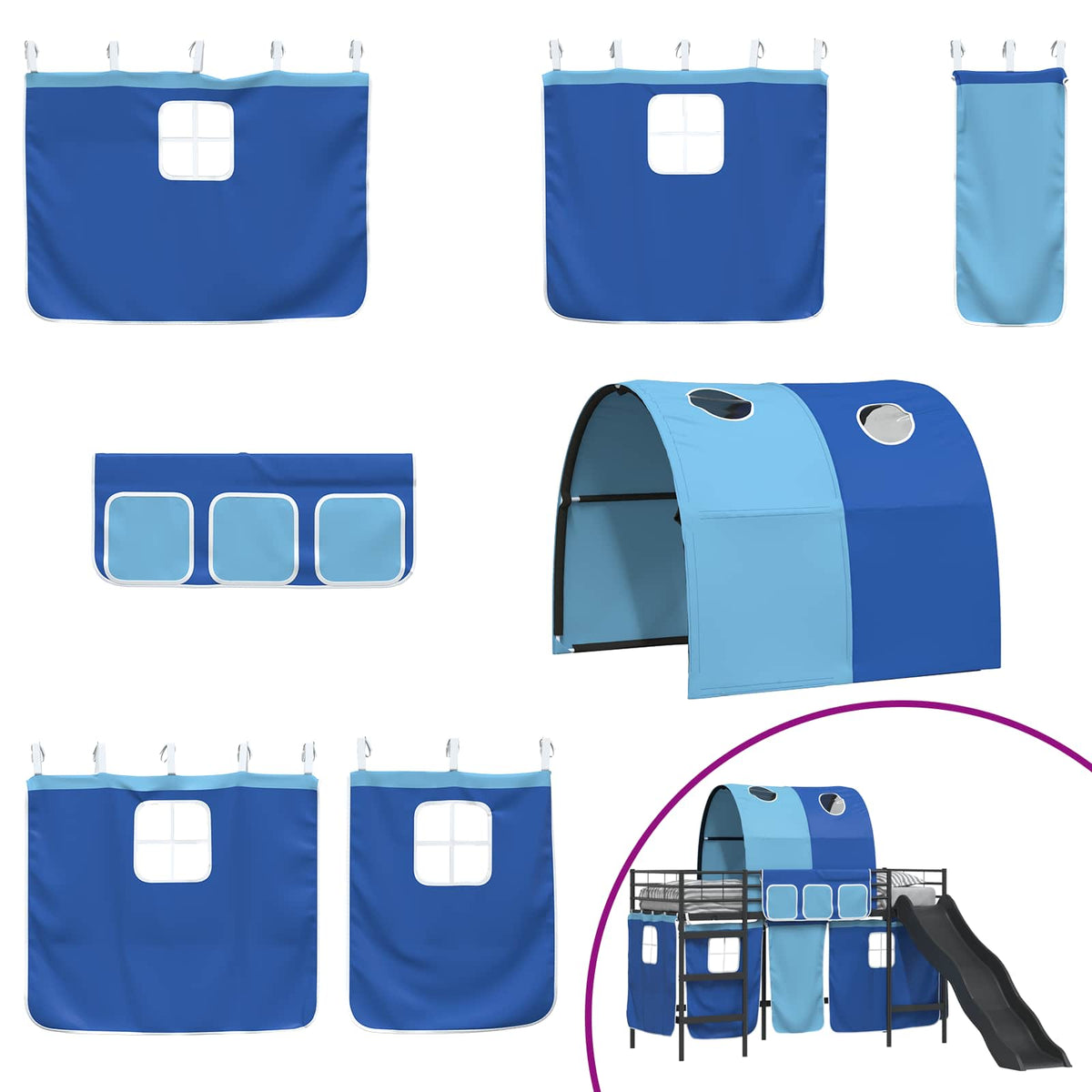 Børneseng med gardiner Ensfarvet Sort og Blå 75 x 190 cm Metal