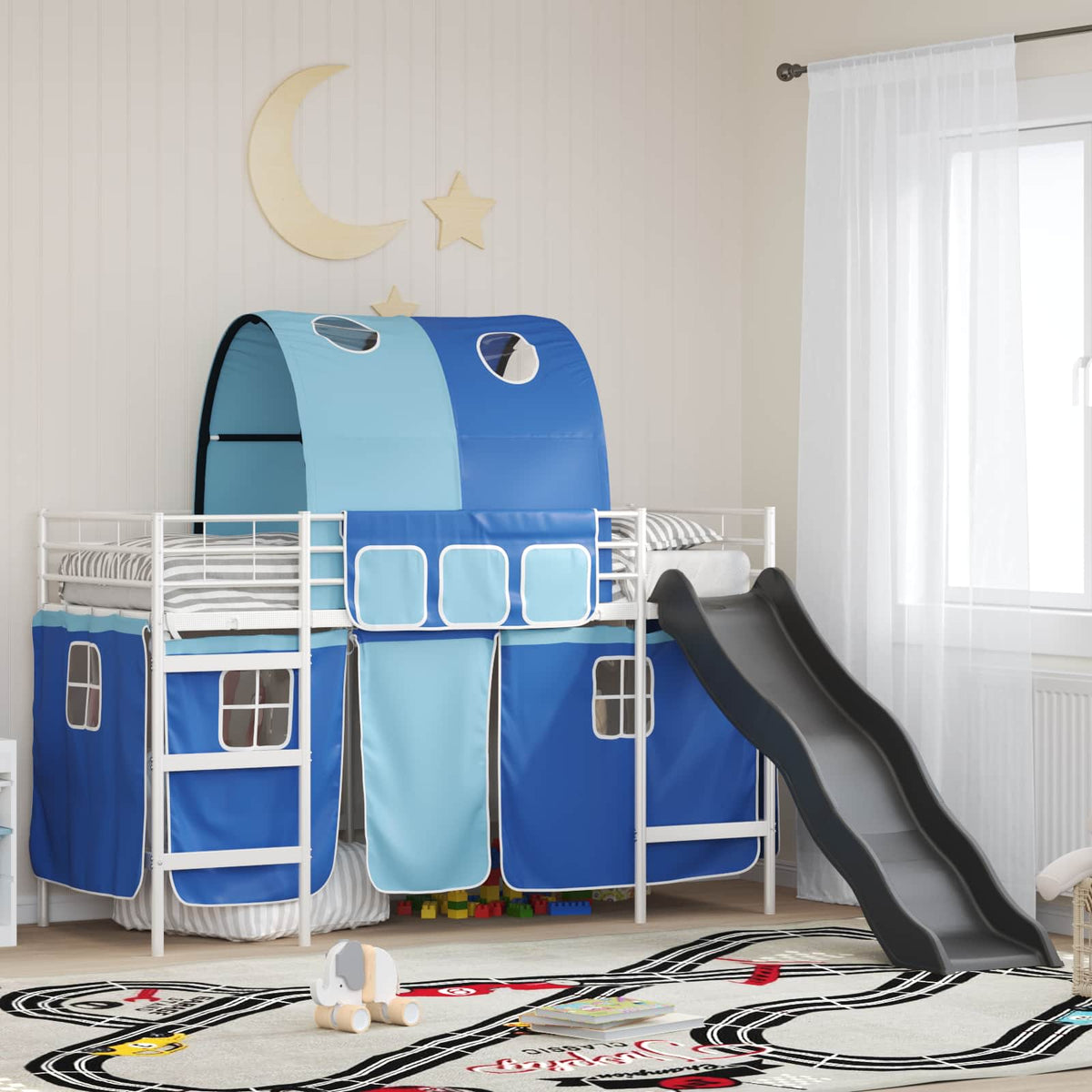 Børneseng med gardiner Ensfarvet Hvid og Blå 90 x 190 cm Metal