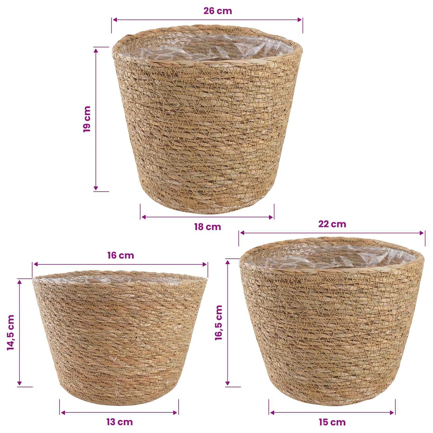 3 stk. Naturfarvet Ø26 x 19 cm 100% Søgræs