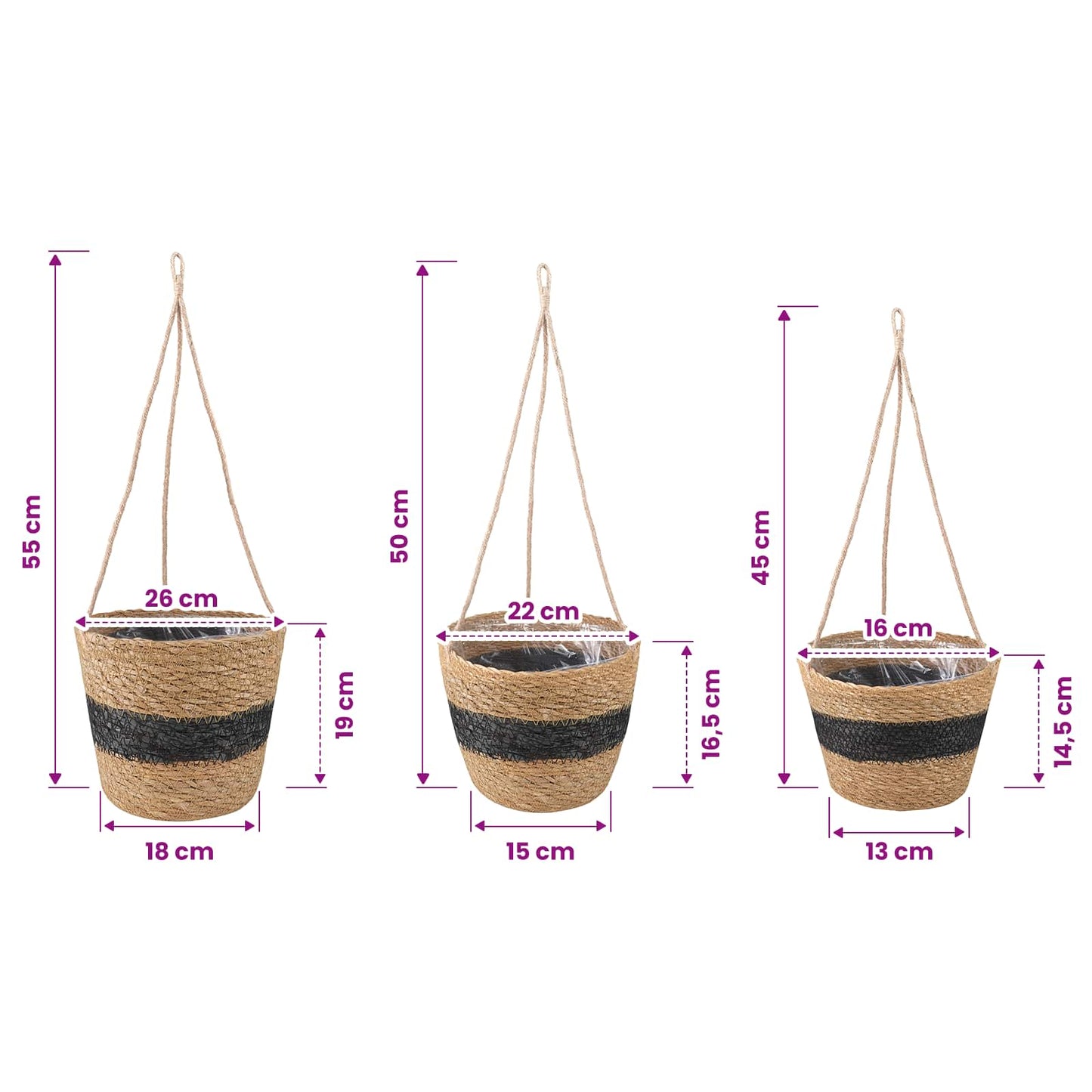 3 stk. Naturfarvet og sort Ø26 x 19 cm 100% Søgræs