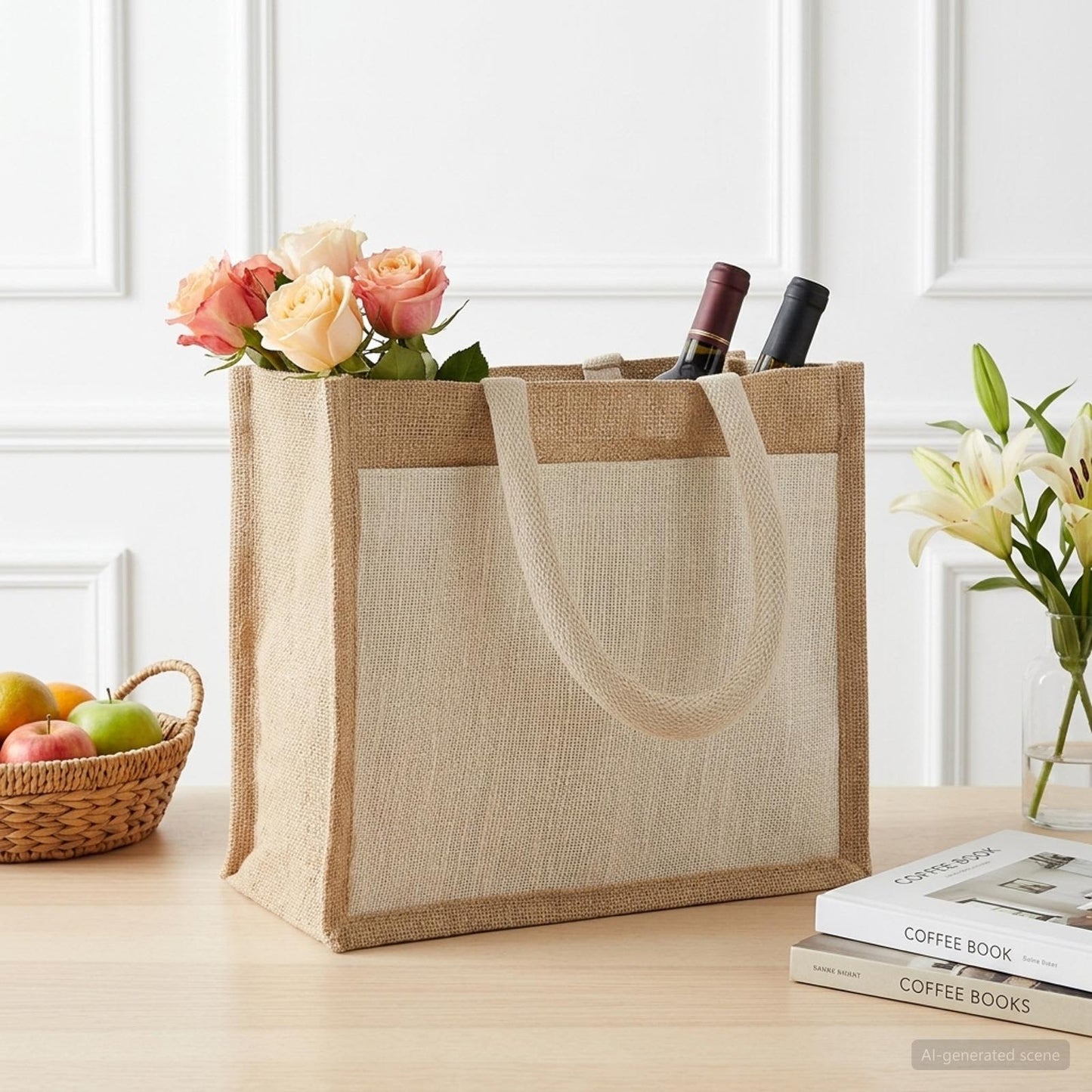 Jute håndtasker med lomme 10 Natur og hvid 26 x 22 x 14 cm