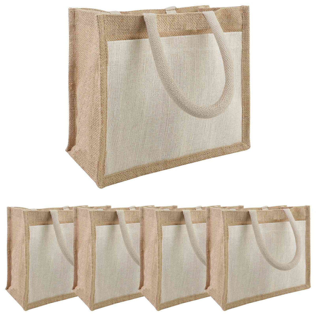 Jute håndtasker med lomme 5 Natur og hvid 26 x 22 x 14 cm