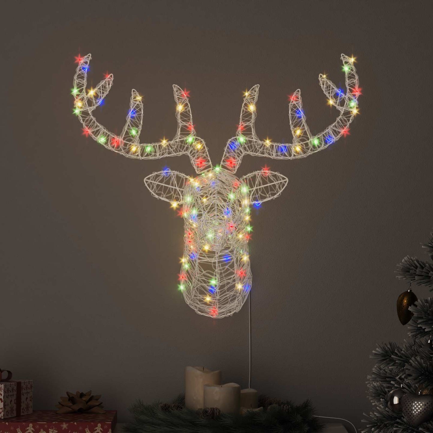 Rensdyrhoved 140 LED'er farverig 68 x 36,5 x 62,5 cm Akryl