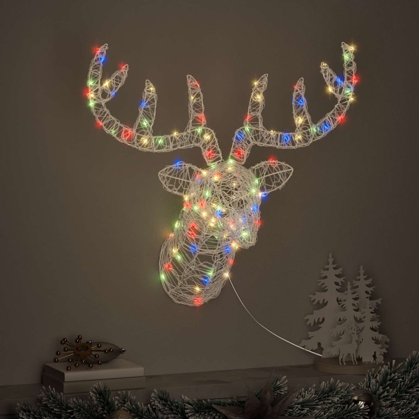 Rensdyrhoved 140 LED'er farverig 68 x 36,5 x 62,5 cm Akryl