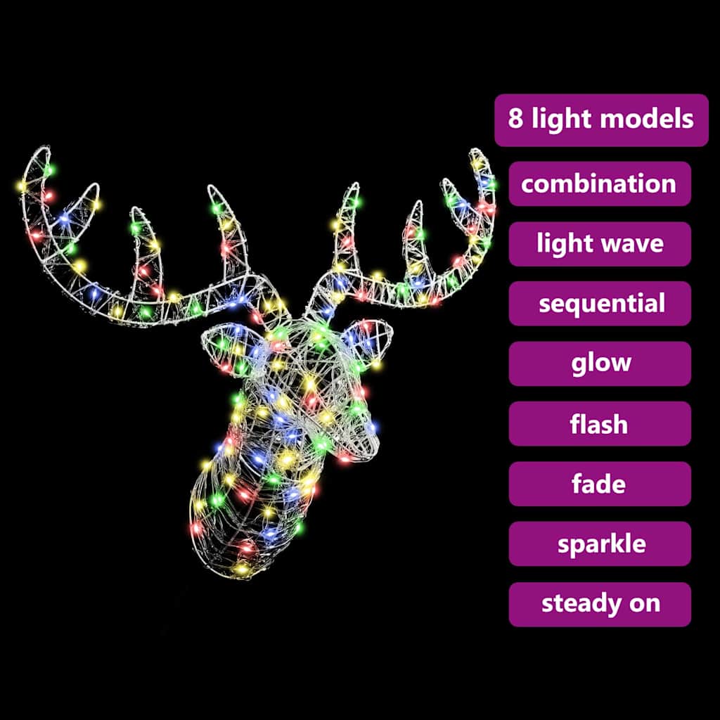 Rensdyrhoved 140 LED'er farverig 68 x 36,5 x 62,5 cm Akryl