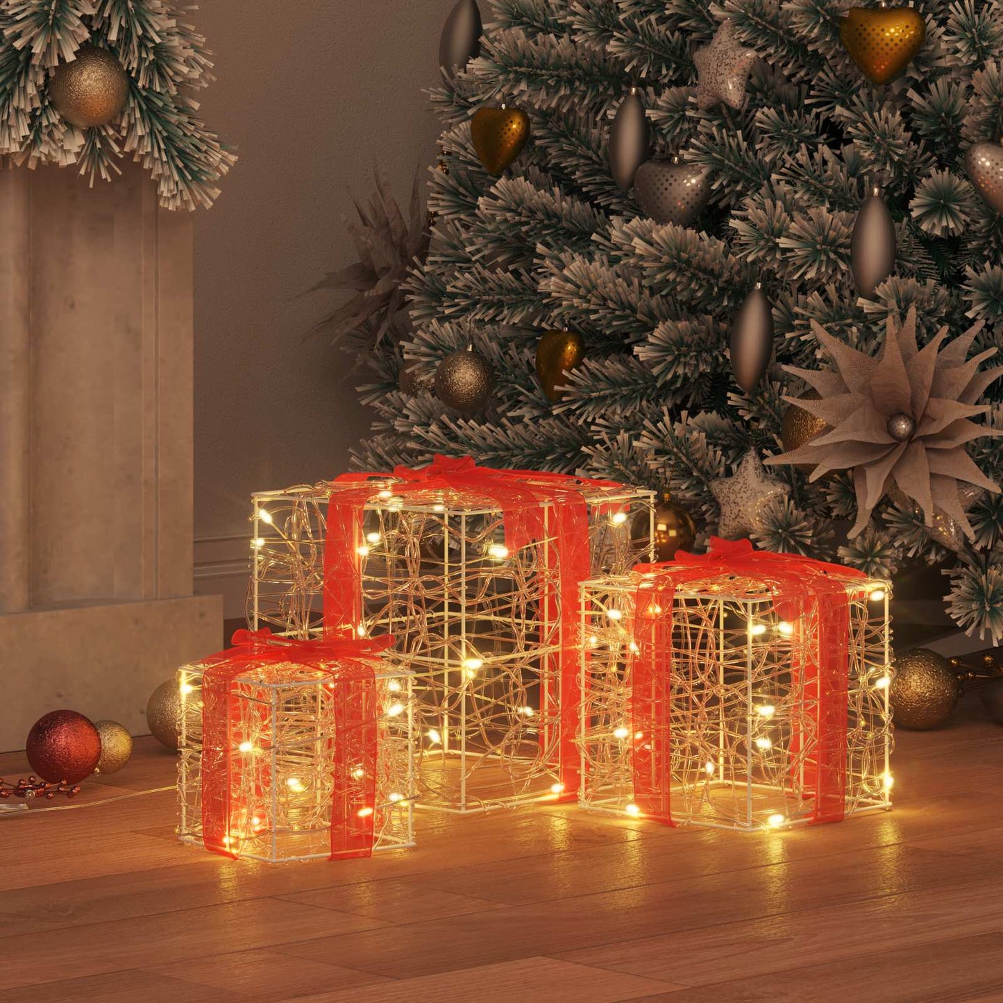 Gaveæske 3 stk. 60 LED'er Varm hvid 20 x 20 x 20 cm Akryl