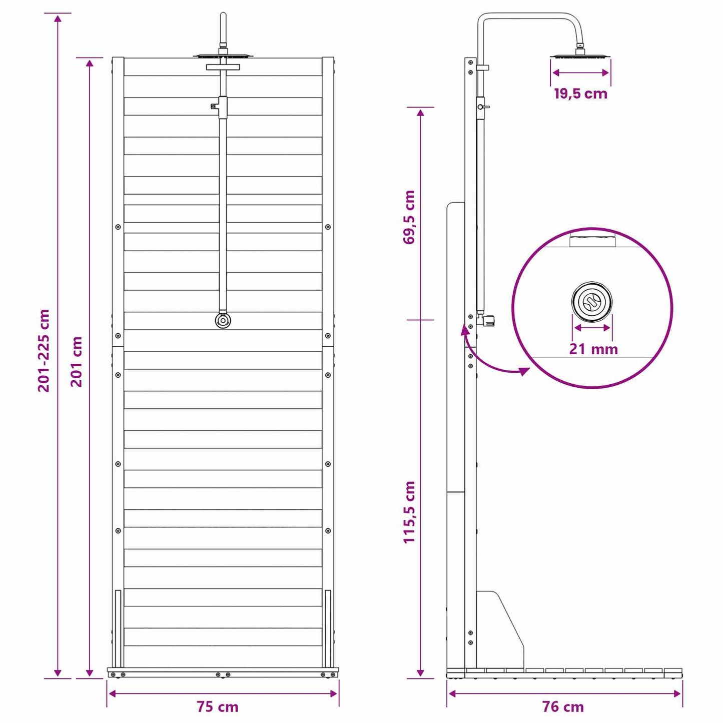 Udendørs bruser 225 cm Massivt fyrretræ og rustfrit stål