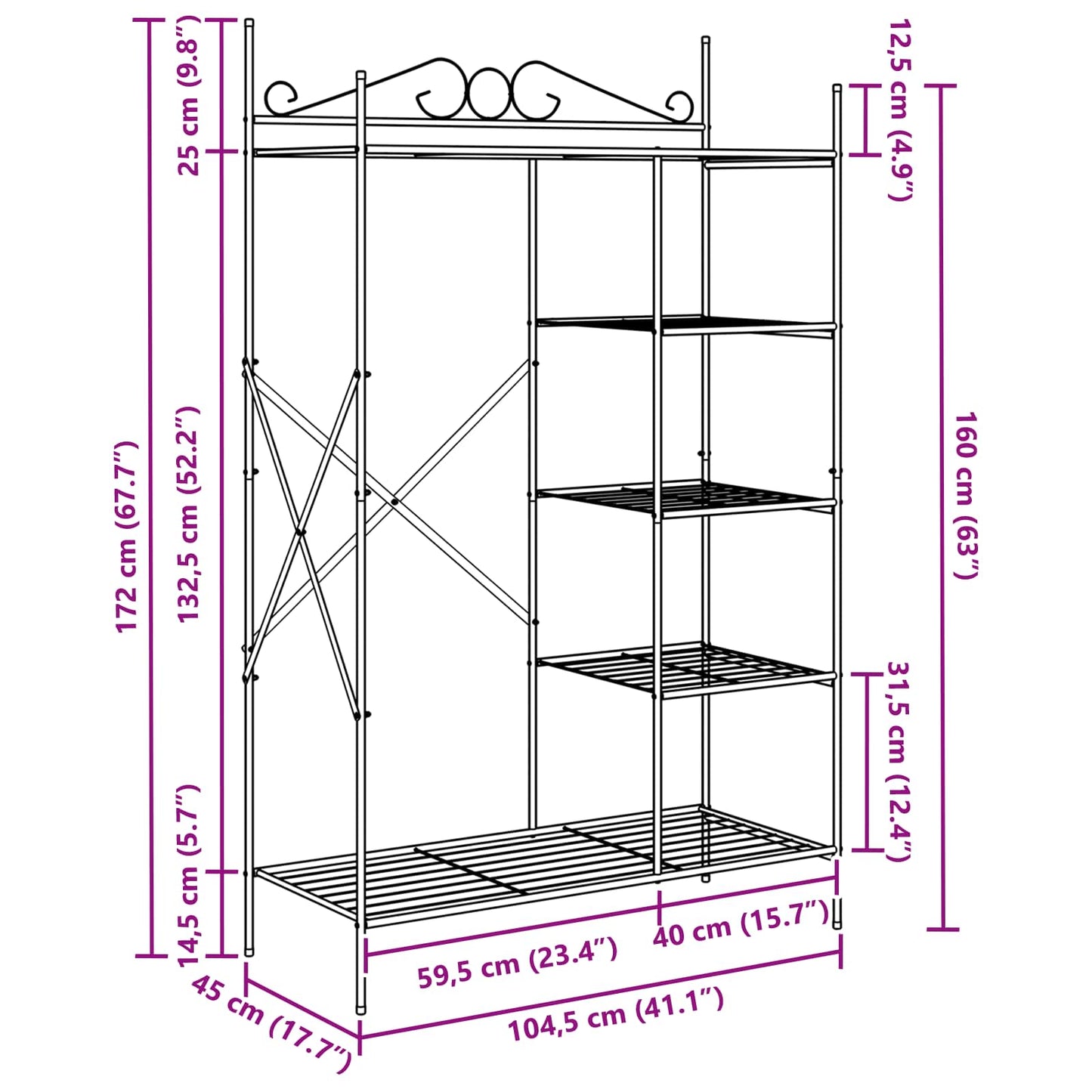 Åben Garderobe med hylde Sort 104,5 x 45 x 172 cm Stål