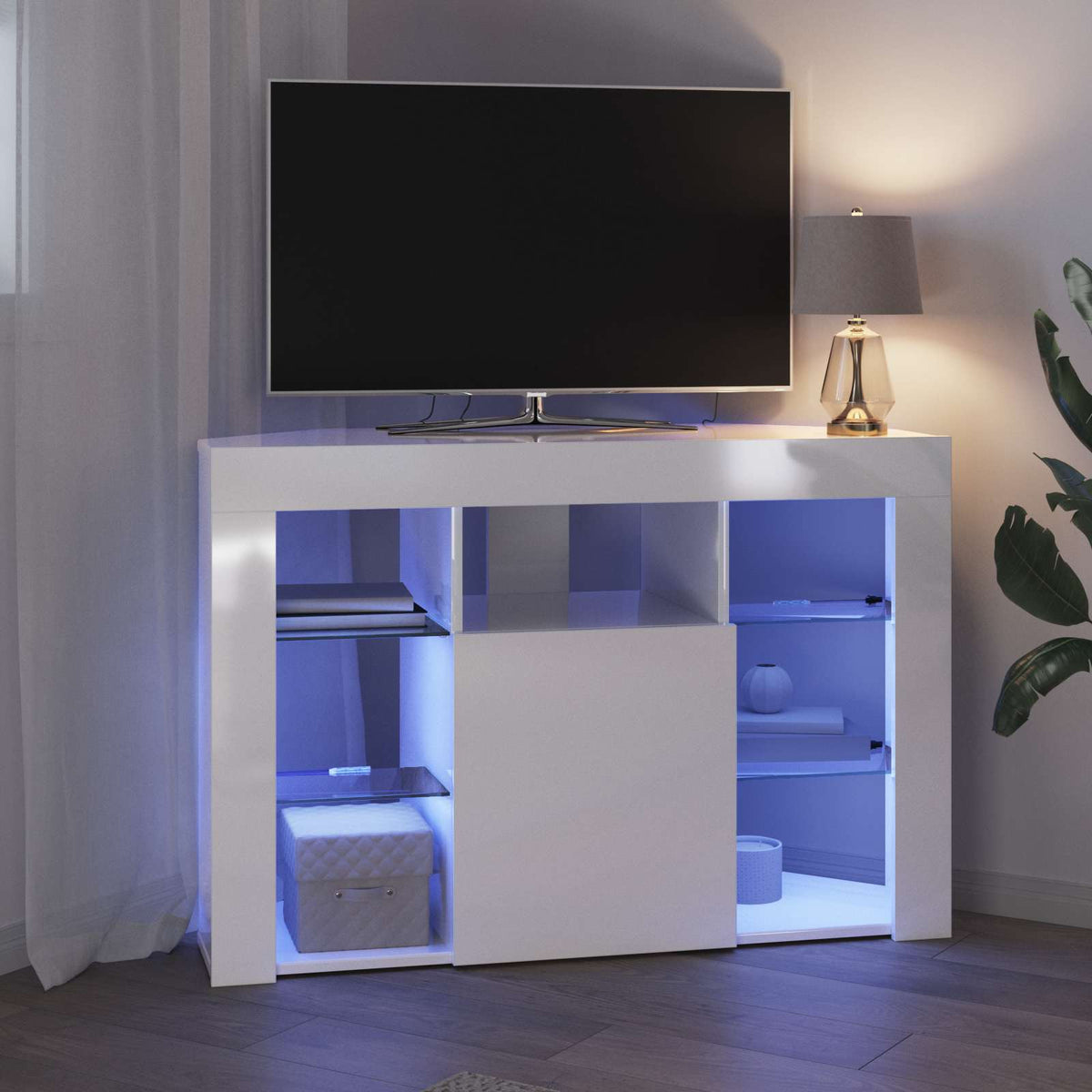 Hjørne LED TV Skab 100x40x68cm Højglans Hvid Konstrueret træ