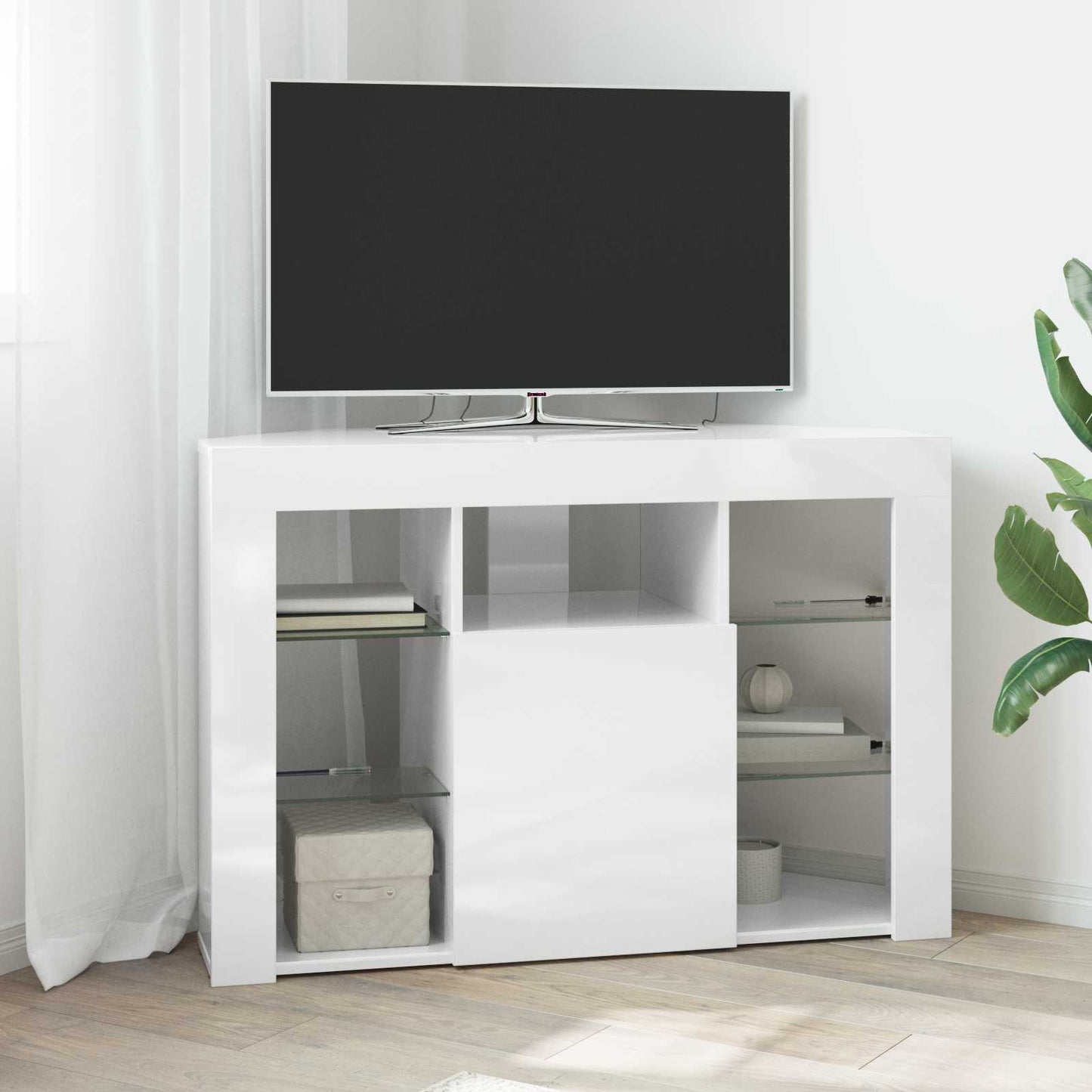 Hjørne LED TV Skab 100x40x68cm Højglans Hvid Konstrueret træ