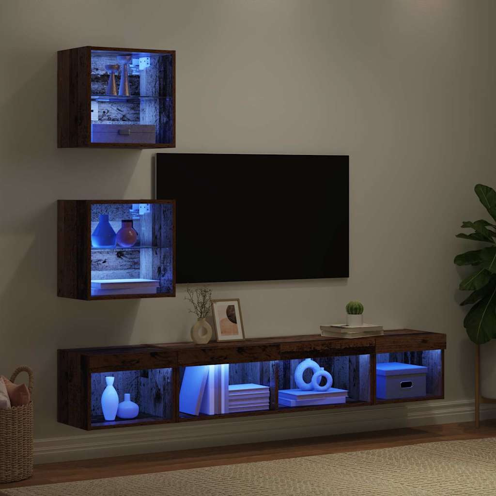 TV vægenheder med LED 5 stk. Gammelt træ Konstrueret træ