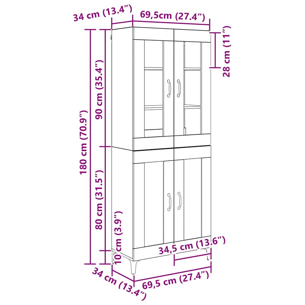 Highboard Sort eg 69,5 x 34 x 180 cm Konstrueret træ