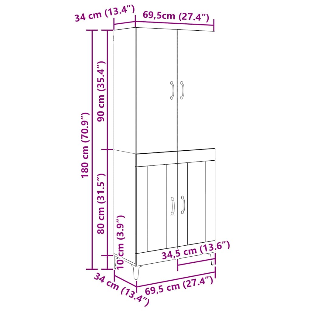 Highboard Gammelt træ 69,5 x 34 x 180 cm Konstrueret træ