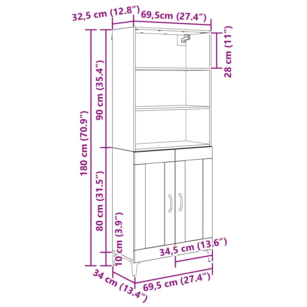 Highboard 2 stk. Sort eg 69,5 x 34 x 180 cm Konstrueret træ