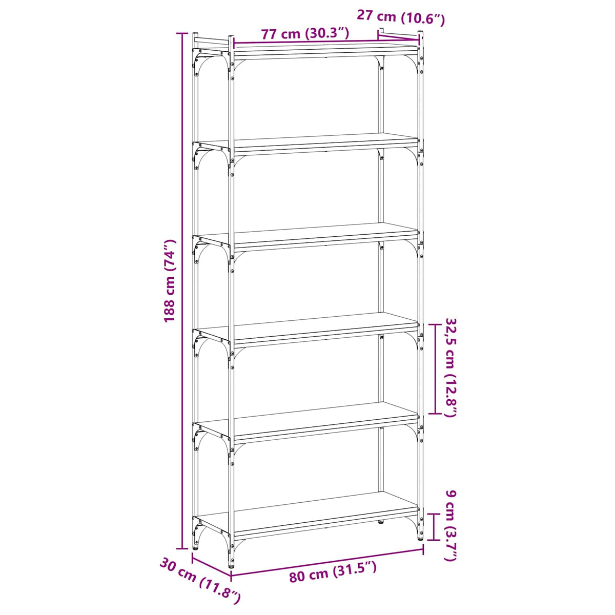 Bogreol 6 niveauer 80 x 30 x 188 cm Konstrueret træ Sort eg