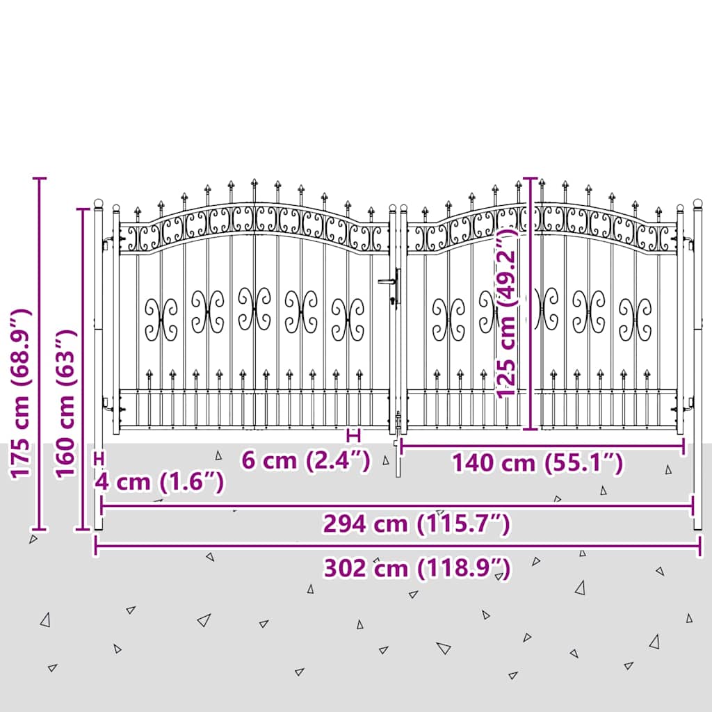 Hegn Port med Spydtop KAMPEN 305 x 125 cm Stål Grå Låses