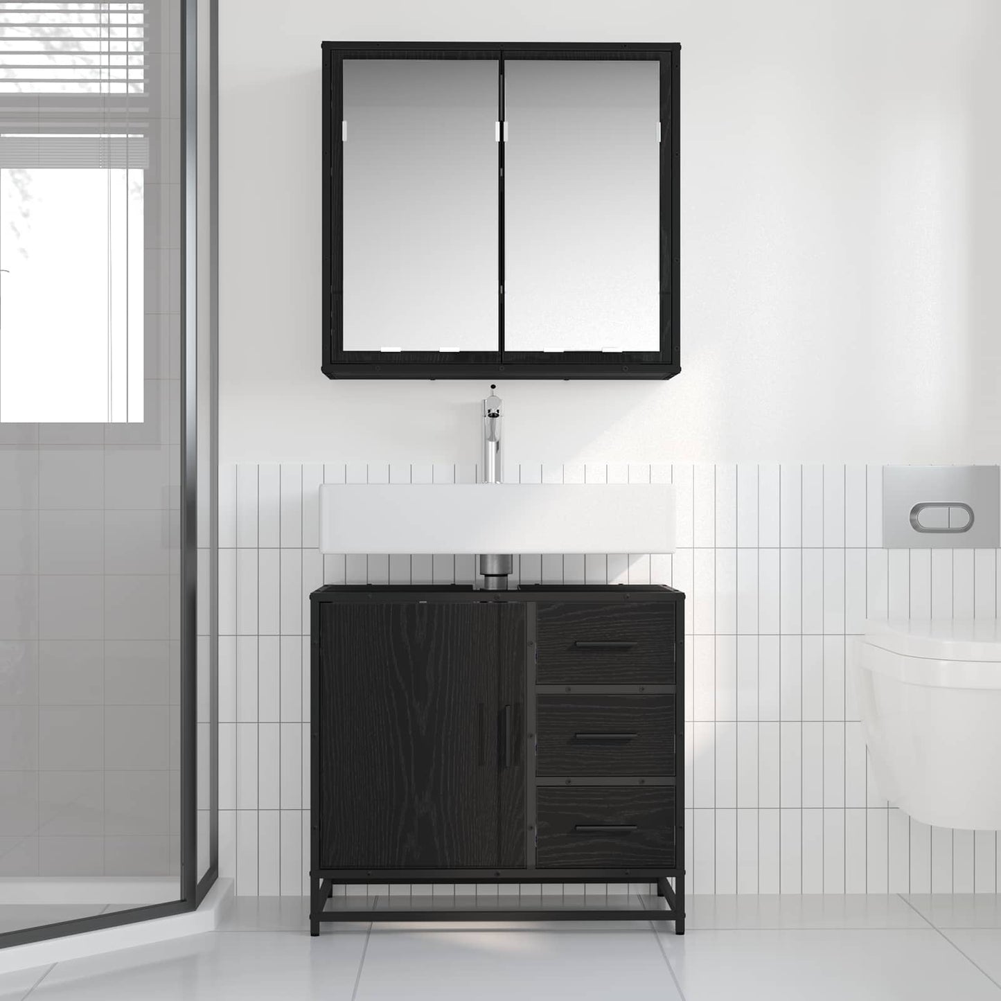 Badeværelsesmøbel sæt 2 stk. Sort eg 65 x 33 x 60 cm