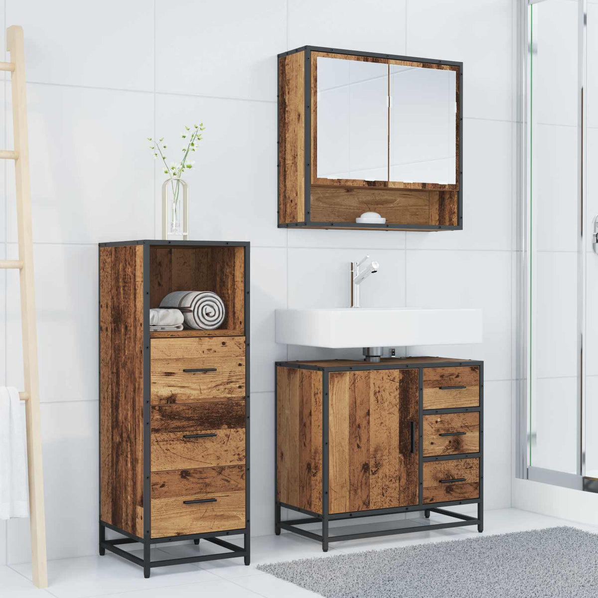 Badeværelsesmøbel sæt 3 stk. Gammelt træ 65 x 33 x 60 cm