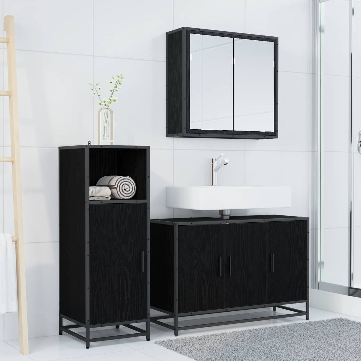 Badeværelsesmøbel sæt 3 stk. Sort eg 90 x 33 x 60 cm