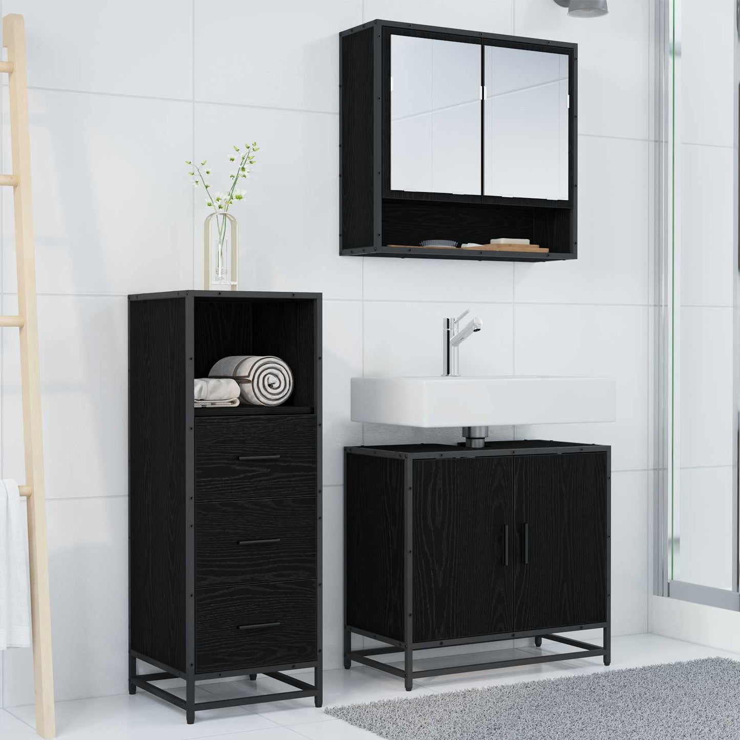 Badeværelsesmøbel sæt 3 stk. Sort eg 65 x 33 x 60 cm