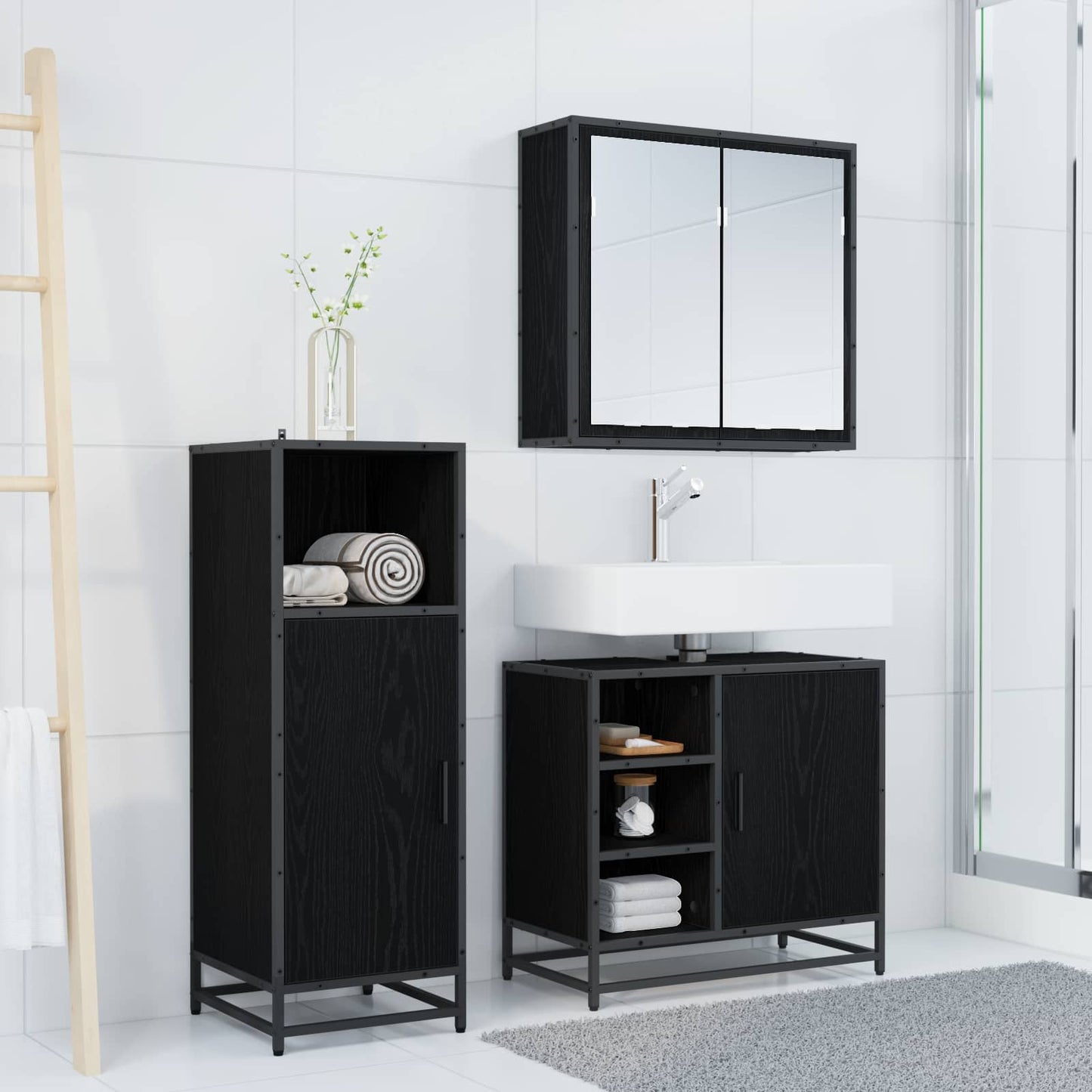 Badeværelsesmøbel sæt 3 stk. Sort eg 65 x 33 x 60 cm