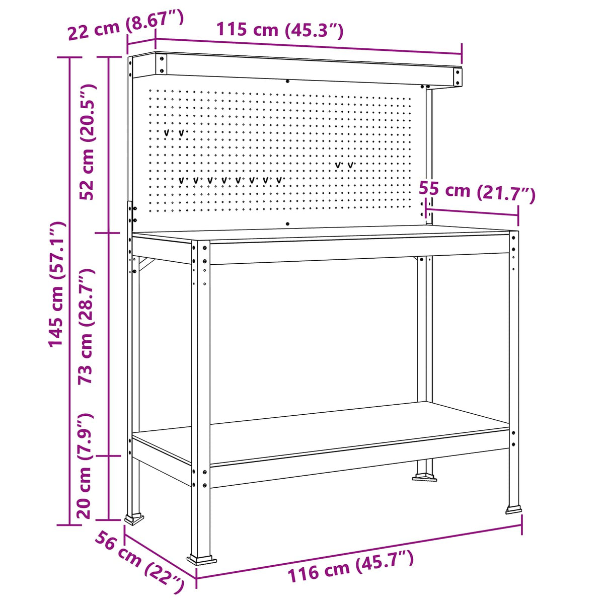 Værksted med hylde Sort 114 x 54 x 145 cm Samlet træ og metal