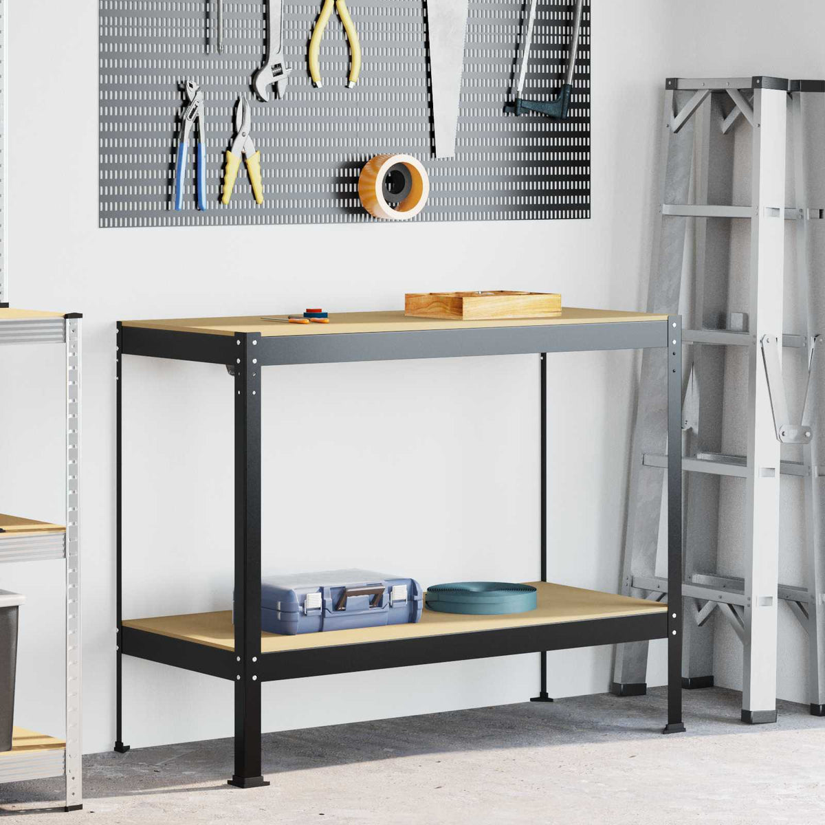 Værksted med hylde Sort 115 x 55 x 91 cm Samlet træ og metal